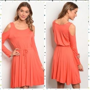 Coral Cold-Shoulder Tie Front Dress